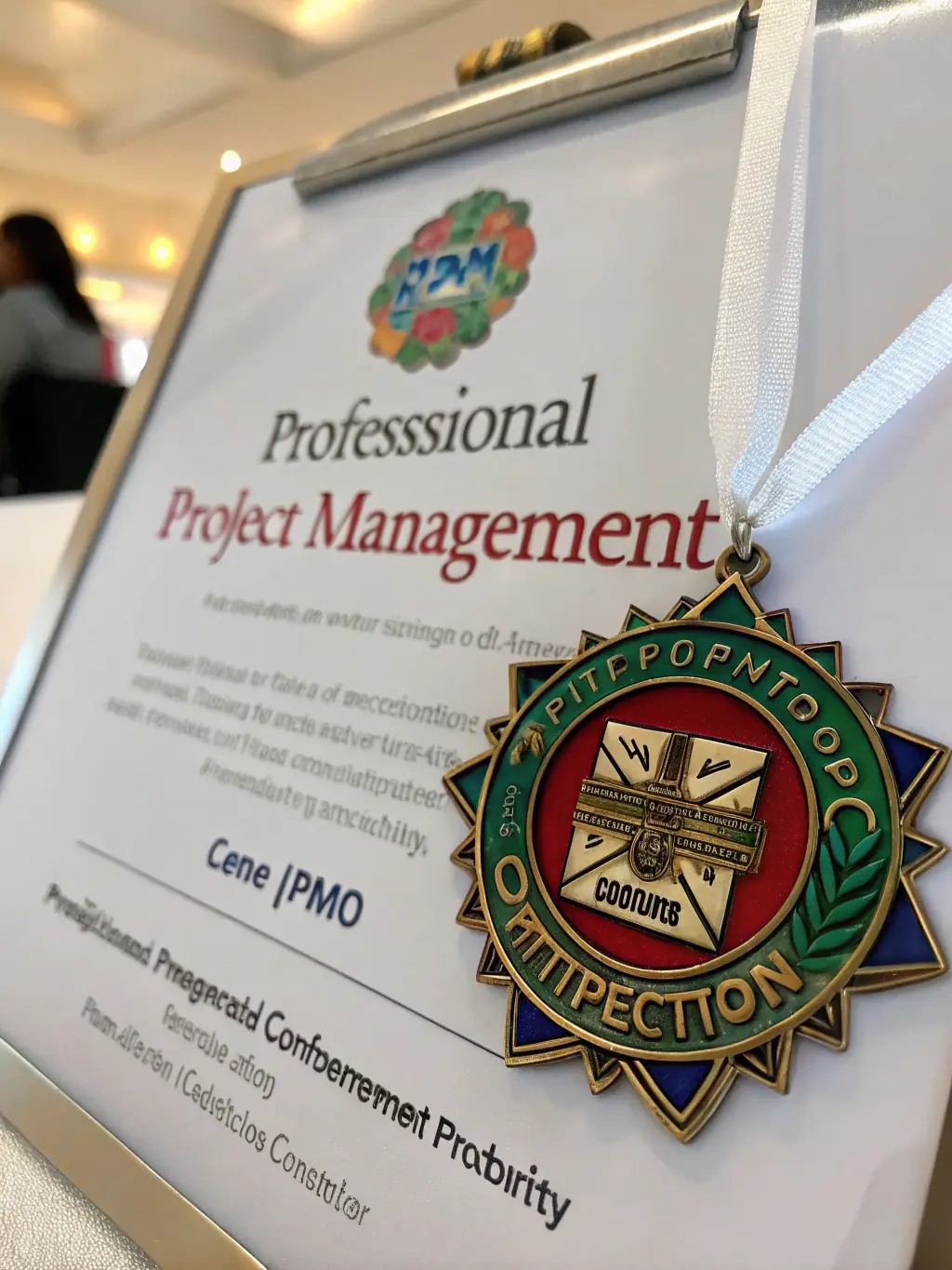 A certificate with the PMP logo displayed prominently, representing industry recognition.