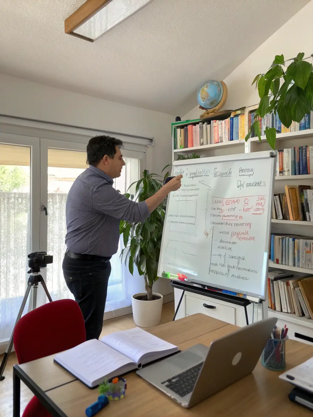 A professional instructor explaining project management concepts on a whiteboard during a live online PMP certification course session.