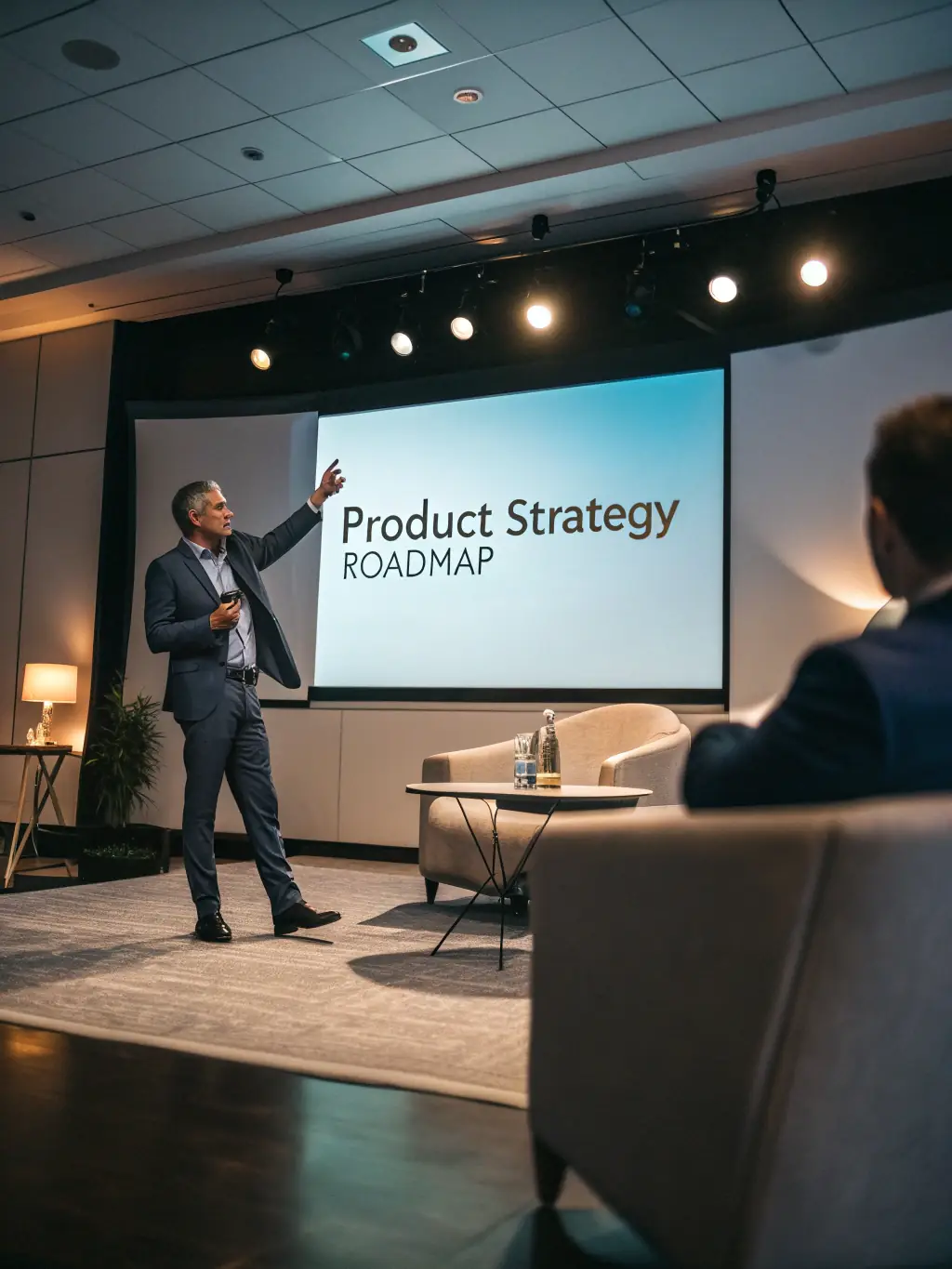 A professional wearing a suit confidently presenting a project timeline on a large screen to a team in a modern office setting, symbolizing career advancement.