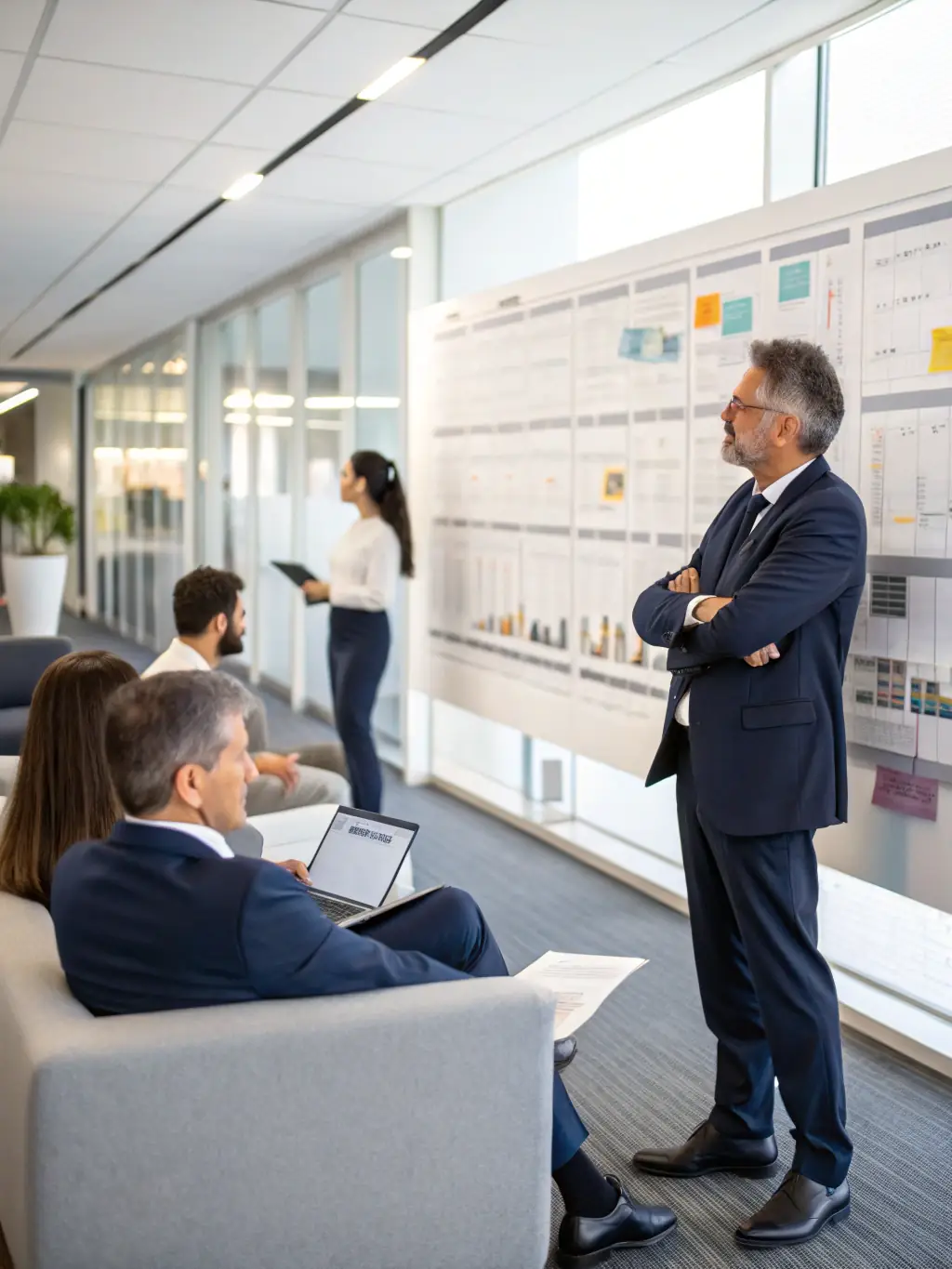 A group of project managers collaborating on a project timeline using a digital whiteboard, showcasing teamwork and strategic planning.