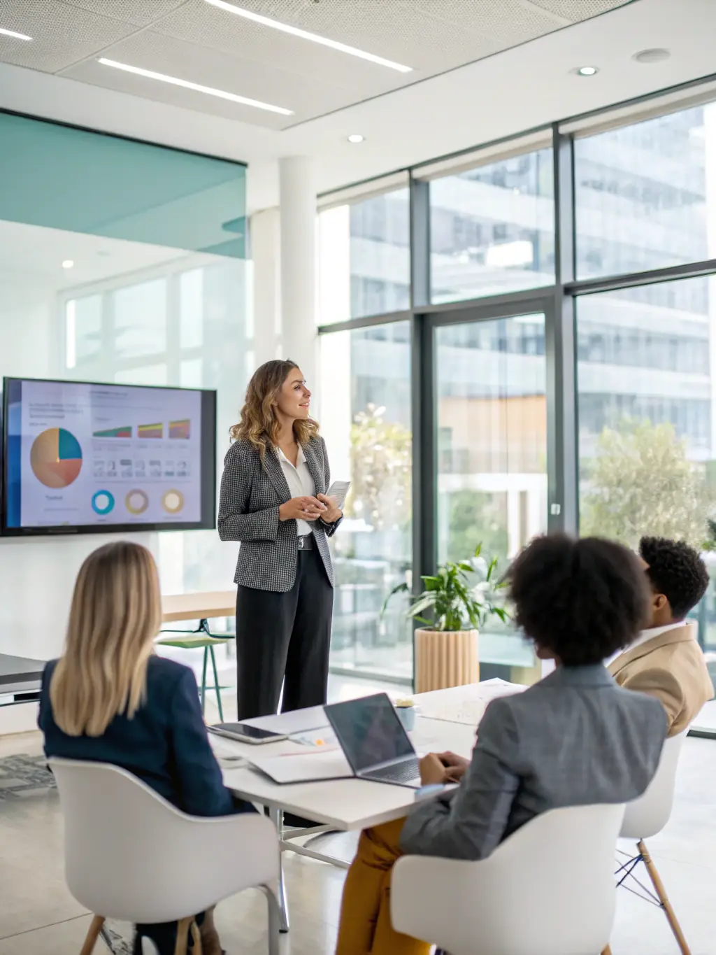 A professional project manager leading a training session, explaining key concepts of project management to a diverse group of students in a modern classroom setting.