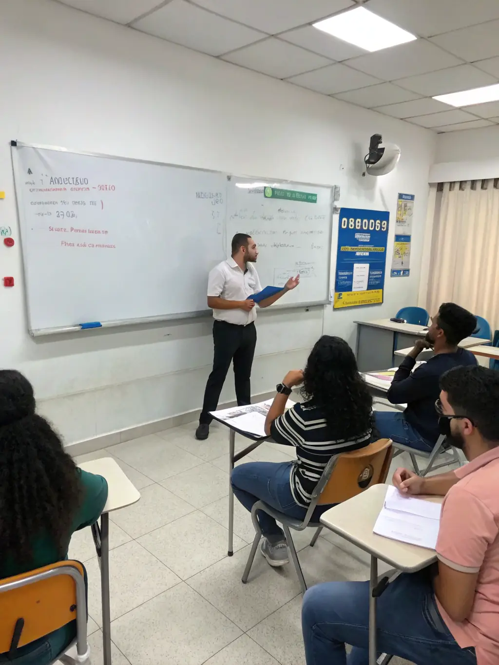An instructor presenting a detailed project management framework diagram, explaining the relationships between different project phases and processes.